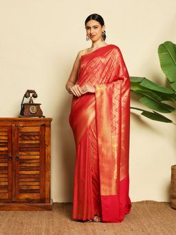 MEENA BAZAAR - Women Red Art Silk Handloom Saree Without Blouse