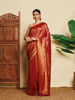 MEENA BAZAAR - Red Women Art Silk Woven Handloom Saree Without Blouse