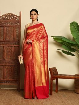 MEENA BAZAAR - Women Red Art Silk Handloom Saree Without Blouse