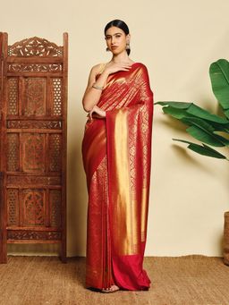 MEENA BAZAAR - Red Women Art Silk Handloom Saree Without Blouse