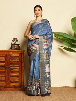 MEENA BAZAAR - Women Blue Art Silk Printed Saree Without Blouse