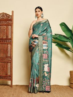 MEENA BAZAAR - Women Green Art Silk Printed Saree Without Blouse