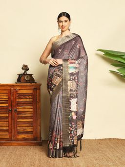 MEENA BAZAAR - Women Grey Art Silk Printed Saree Without Blouse