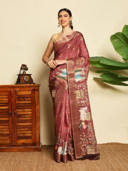 MEENA BAZAAR - Women Pink Art Silk Printed Saree Without Blouse