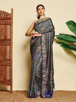 MEENA BAZAAR - Women Blue Art Silk Paisley Printed Saree Without Blouse