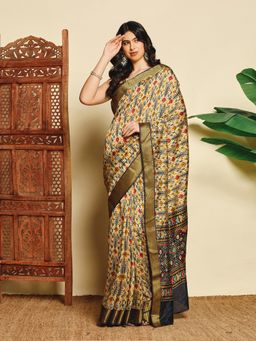 MEENA BAZAAR - Women Gold Art Silk Printed Saree Without Blouse