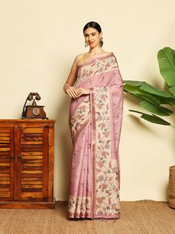 MEENA BAZAAR - Women Pink Art Silk Floral Printed Saree Without Blouse