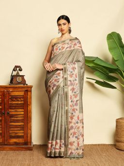 MEENA BAZAAR - Women Green Art Silk Floral Handloom Saree Without Blouse
