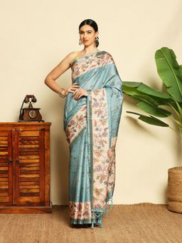 MEENA BAZAAR - Women Blue Art Silk Floral Handloom Saree Without Blouse