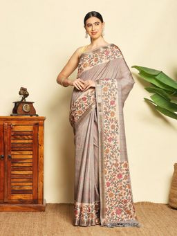 MEENA BAZAAR - Grey Women Art Silk Floral Handloom Saree Without Blouse