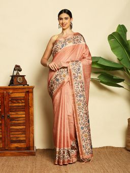 MEENA BAZAAR - Women Peach Art Silk Floral Handloom Saree Without Blouse