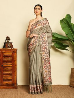 MEENA BAZAAR - Women Green Art Silk Floral Printed Saree Without Blouse