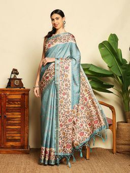 MEENA BAZAAR - Blue Women Art Silk Floral Printed Saree Without Blouse