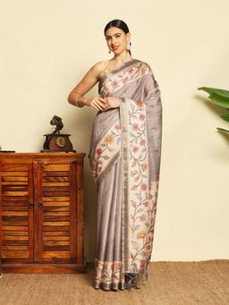 MEENA BAZAAR - Womens Grey Art Silk Floral Printed Saree Without Blouse