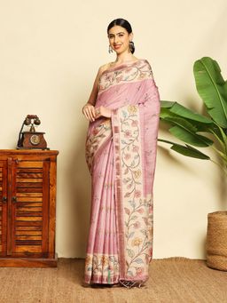 MEENA BAZAAR - Pink Women Art Silk Floral Handloom Saree Without Blouse