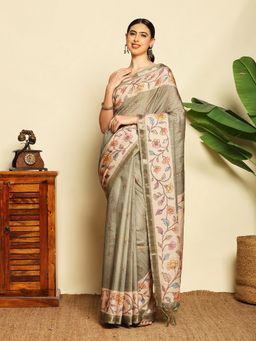 MEENA BAZAAR - Green Women Art Silk Floral Printed Saree Without Blouse