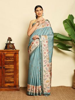 MEENA BAZAAR - Womens Blue Art Silk Floral Handloom Saree Without Blouse