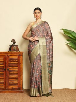 MEENA BAZAAR - Women Grey Art Silk Floral Handloom Saree Without Blouse