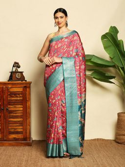 MEENA BAZAAR - Women Pink Art Silk Floral Handloom Saree Without Blouse