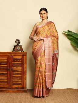 MEENA BAZAAR - Women Mustard Art Silk Floral Printed Saree Without Blouse