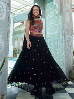 Wedani - Black Mirror-Work Embroidered Lehenga with Choli and Dupatta
