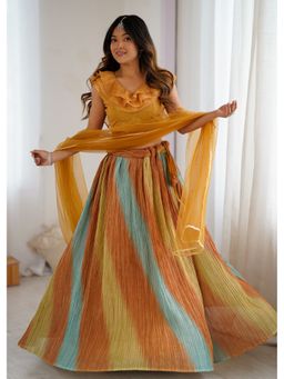 Wedani - Mustard Ruffled and Multicolor Pleated Lehenga with Choli and Dupatta