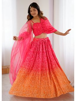 Wedani - Vibrant Pink and Orange Bandhani Lehenga with Choli and Dupatta