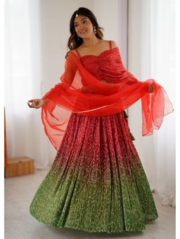 Wedani - Red and Green Bandhani Printed Lehenga with Choli and Dupatta