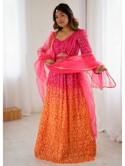 Wedani - Vibrant Pink and Orange Printed Lehenga with Choli and Dupatta