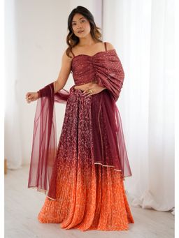 Wedani - Maroon and Orange Ombre Bandhani Lehenga with Choli and Dupatta