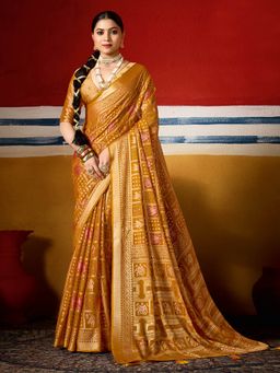 MEENA BAZAAR - Women Mustard Georgette Printed Saree Without Blouse