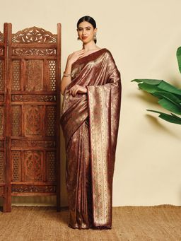 MEENA BAZAAR - Women Wine Art Silk Woven Handloom Saree Without Blouse