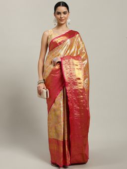 MEENA BAZAAR - Women Mustard Art Silk Woven Handloom Saree Without Blouse