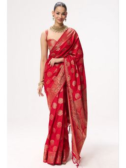 Swtantra - Women Red Silk Woven Handloom Saree with Unstitched Blouse