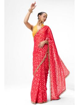 Swtantra - Women Red Georgette Geometric Handloom Saree with Unstitched Blouse