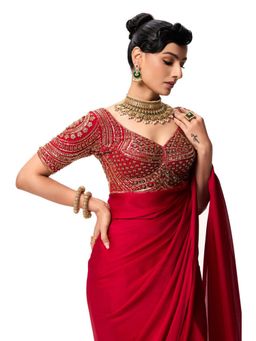 Swtantra - Women Hand Embroidered Cut Dana Sabya Red Blouse