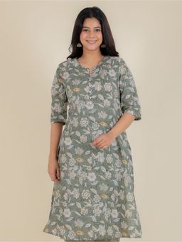 ARAMYA - Women Green Soft Cotton A-Line Floral Print Kurta