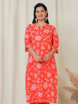 ARAMYA - Women Orange Soft Cotton Straight Floral Print Kurta