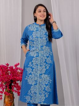 ARAMYA - Women Blue Soft Cotton High Low Floral Print Kurta