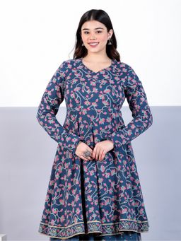 ARAMYA - Women Blue Soft Cotton Floral Print Kurta