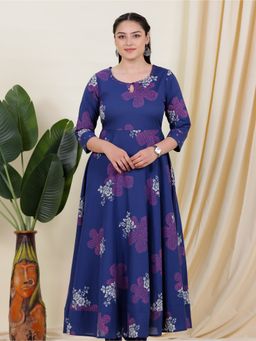 ARAMYA - Women Blue Soft Cotton Anarkali Floral Print Kurta