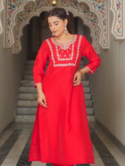 ARAMYA - Women Red Roman Silk Solid Kurta