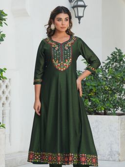 ARAMYA - Women Green Poly Silk Embroidered Kurta