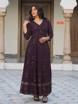 ARAMYA - Women Brown Georgette Embroidered Kurta