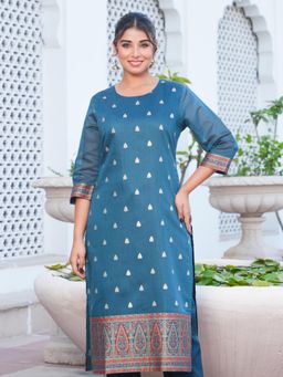 ARAMYA - Women Teal Chanderi Jacquard Printed Kurta