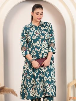 ARAMYA - Women Teal Soft Cotton High Low Ikat Print Kurta