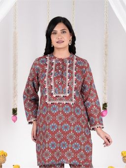 ARAMYA - Women Red Soft Cotton Straight Floral Print Kurti