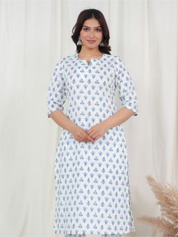 ARAMYA - Women Off White Soft Cotton Flared Block Print Kurta