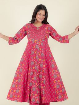 ARAMYA - Women Pink Soft Cotton Anarkali Floral Print Kurta