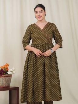 ARAMYA - Women Green Soft Cotton Angrakha Floral Print Kurta